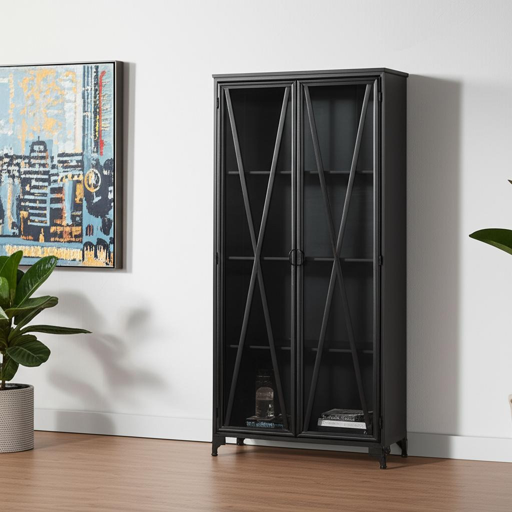 611069 74 x 37.75 x 15 in. Black Glass & Metal Display Stand with 2 Doors