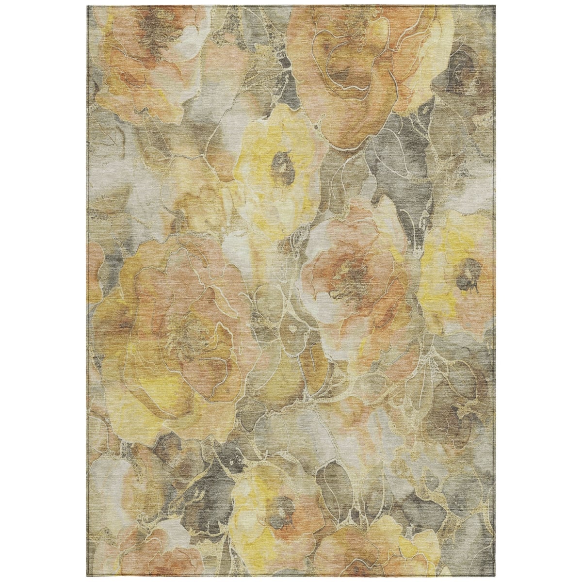 623084 3 x 5 ft. Gold & Gray Floral Washable Transitional Indoor & Outdoor Rectangle Area Rug
