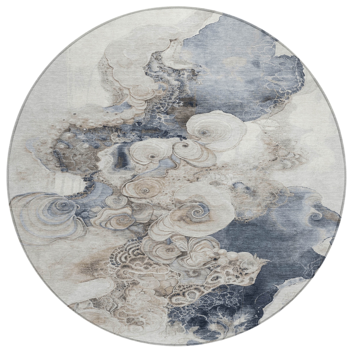 623134 8 ft. Ivory & Taupe Abstract Washable Transitional Indoor & Outdoor Round Area Rug