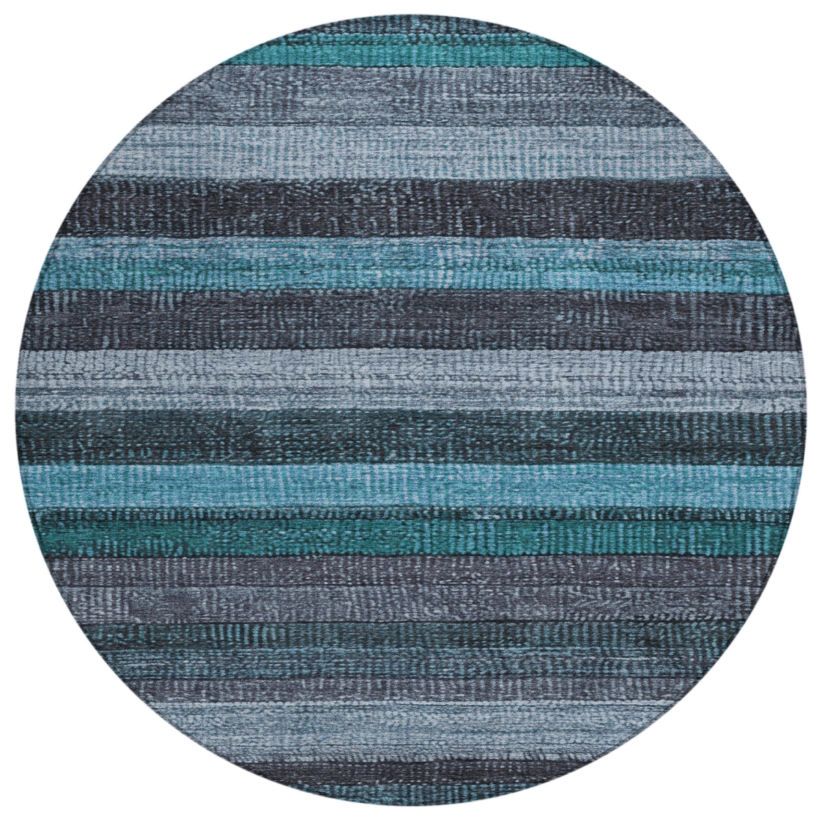 623248 8 ft. Teal, Blue & Gray Striped Washable Transitional Indoor & Outdoor Round Area Rug