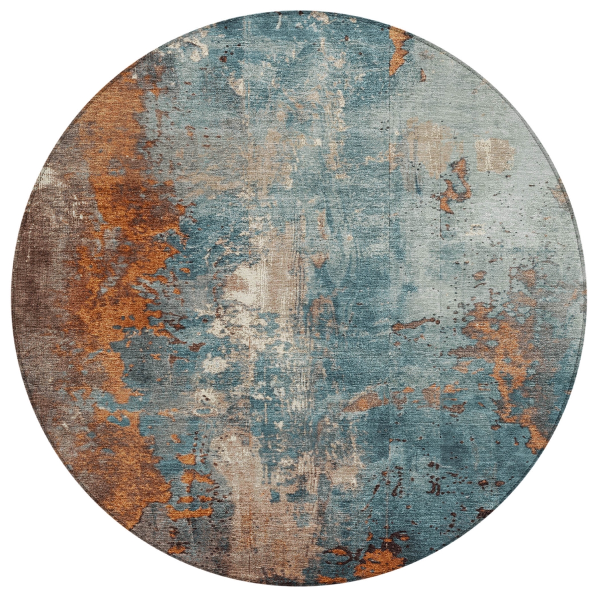 623439 8 ft. Teal, Blue & Copper Abstract Washable Transitional Indoor & Outdoor Round Area Rug