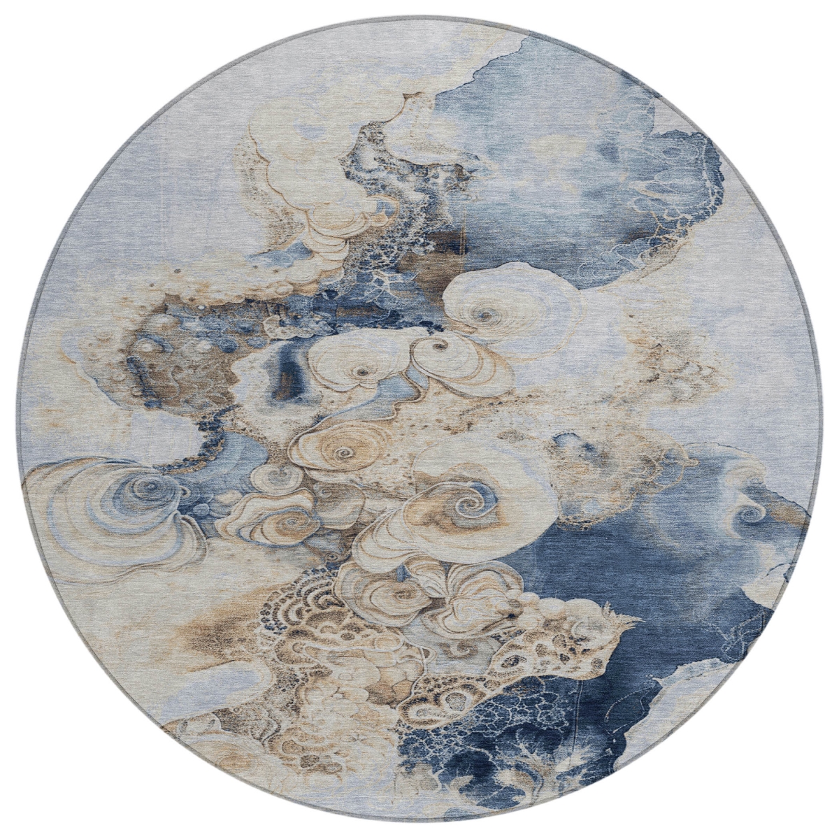 623122 8 ft. Denim Blue & Beige Abstract Washable Transitional Indoor & Outdoor Round Area Rug