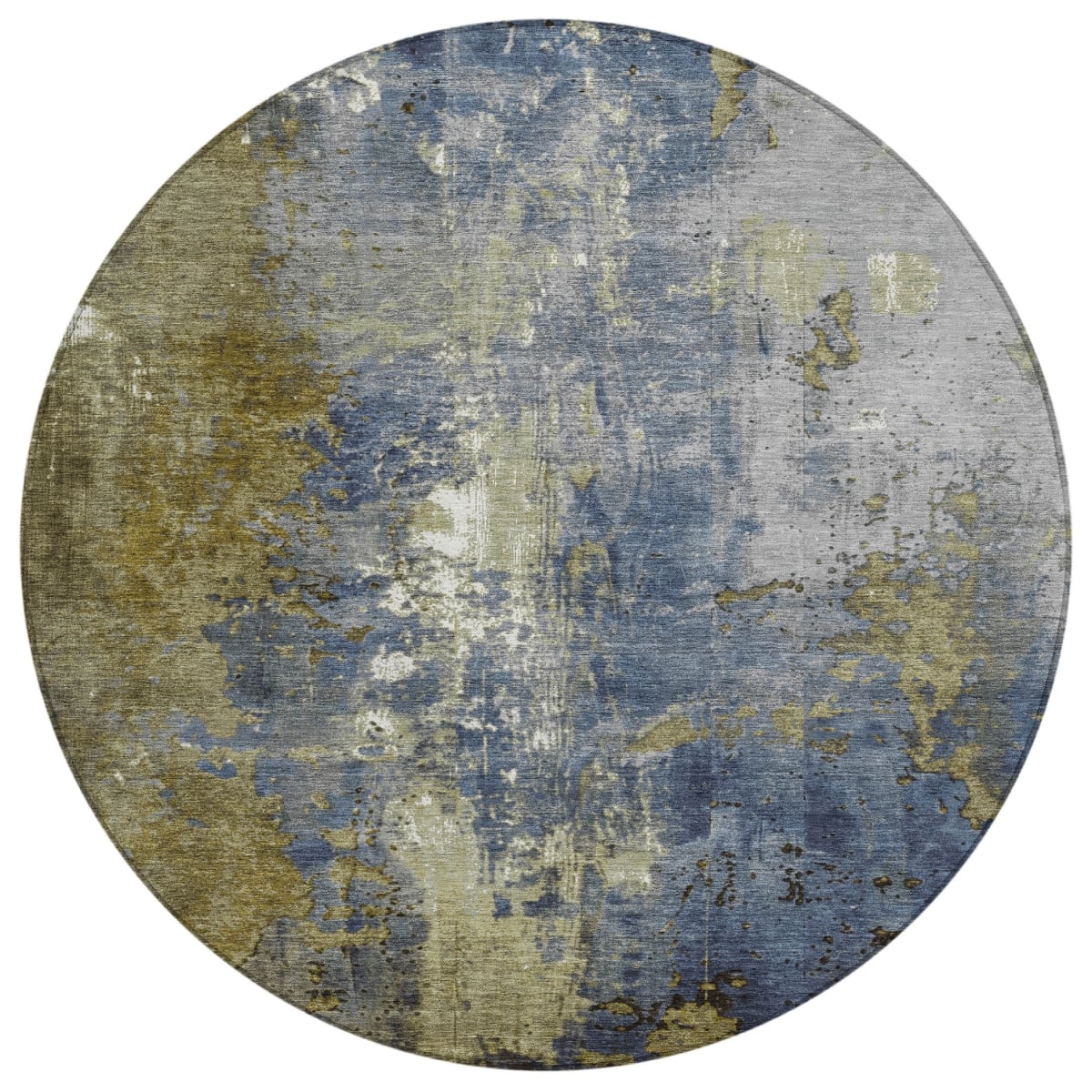 623421 8 ft. Khaki & Denim Blue Abstract Washable Transitional Indoor & Outdoor Round Area Rug