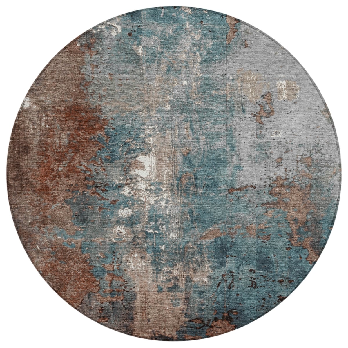 623433 8 ft. Rust & Teal Blue Abstract Washable Transitional Indoor & Outdoor Round Area Rug