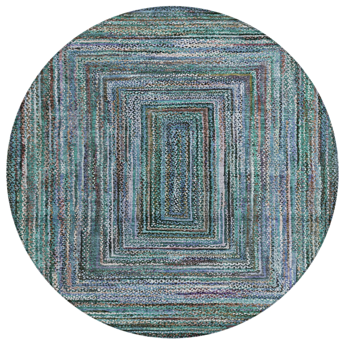 618951 8 ft. Teal, Blue & Brown - Ivory Geometric Washable Transitional Indoor & Outdoor Round Area Rug