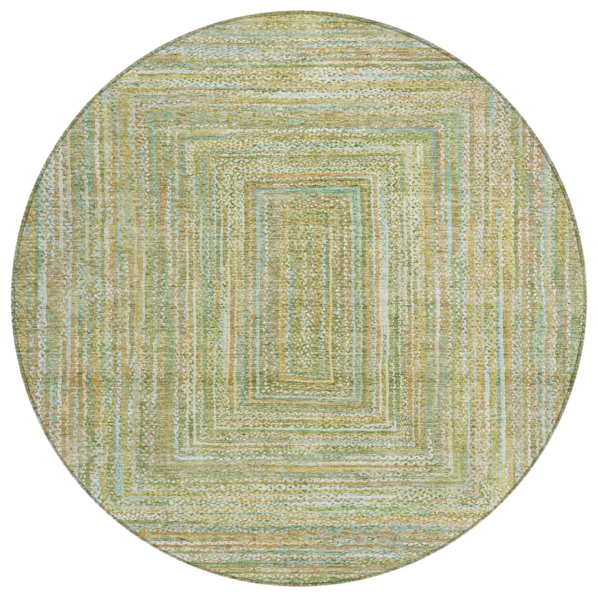 618963 8 ft. Artichoke Green, Gold & Blue Geometric Washable Transitional Indoor & Outdoor Round Area Rug