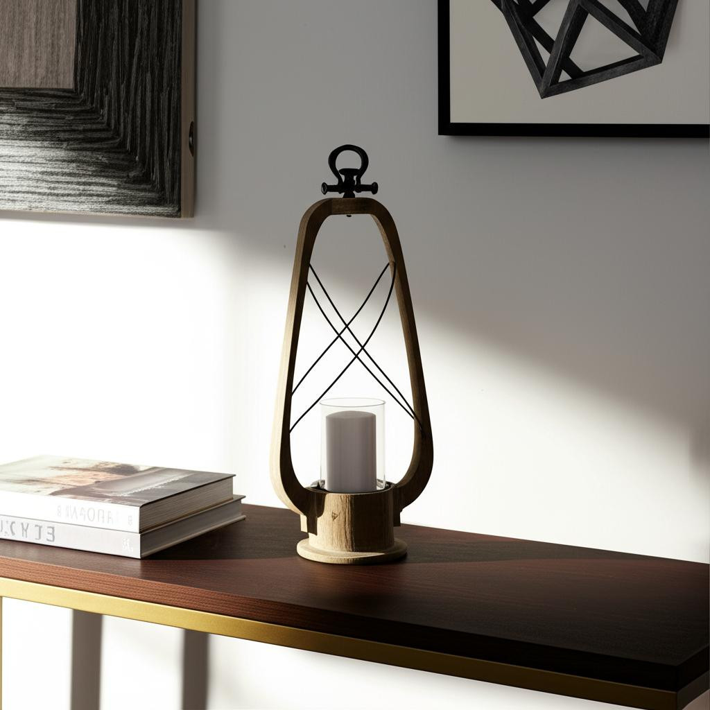 609335 25 in. Brown Distressed Abstract Solid Wood & Metal Tabletop Lantern Candle Holder
