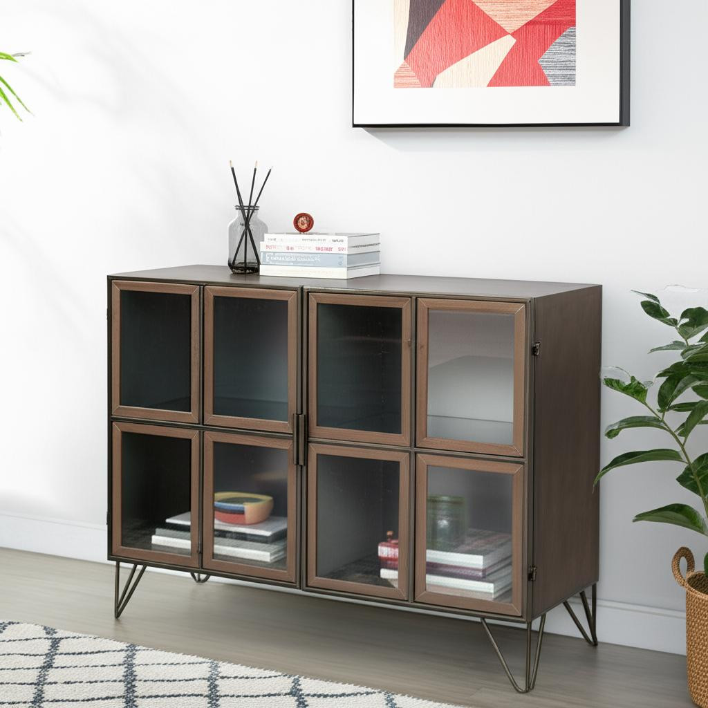 611063 37 in. Antiqued Brass & Brown Metal & Solid Wood Accent Cabinet with 2 Doors