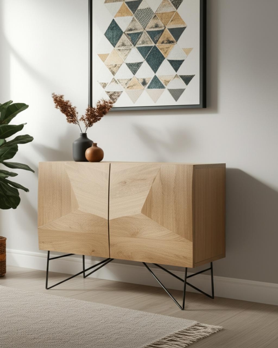611066 44 in. Light Brown & Black Solid Wood & Metal Carved Geometric Accent Cabinet with 2 Doors