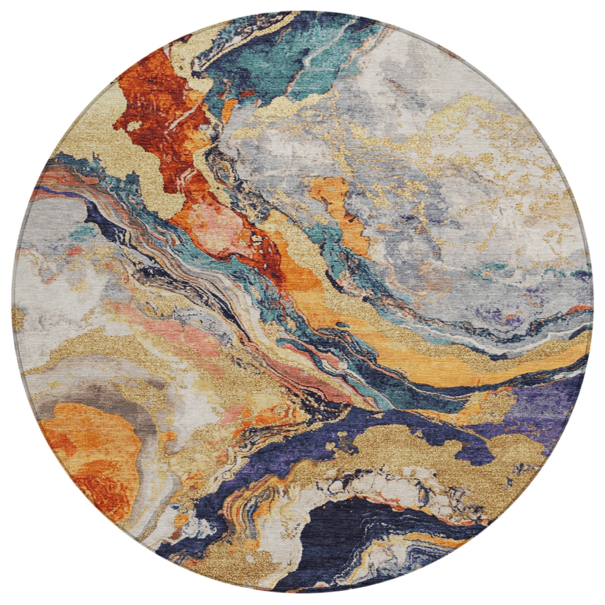 625447 8 ft. Linen & Charcoal Abstract Washable Transitional Indoor & Outdoor Round Area Rug