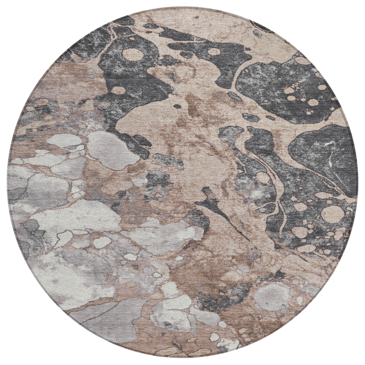 625489 8 ft. Brown & Charcoal Abstract Washable Transitional Indoor & Outdoor Round Area Rug