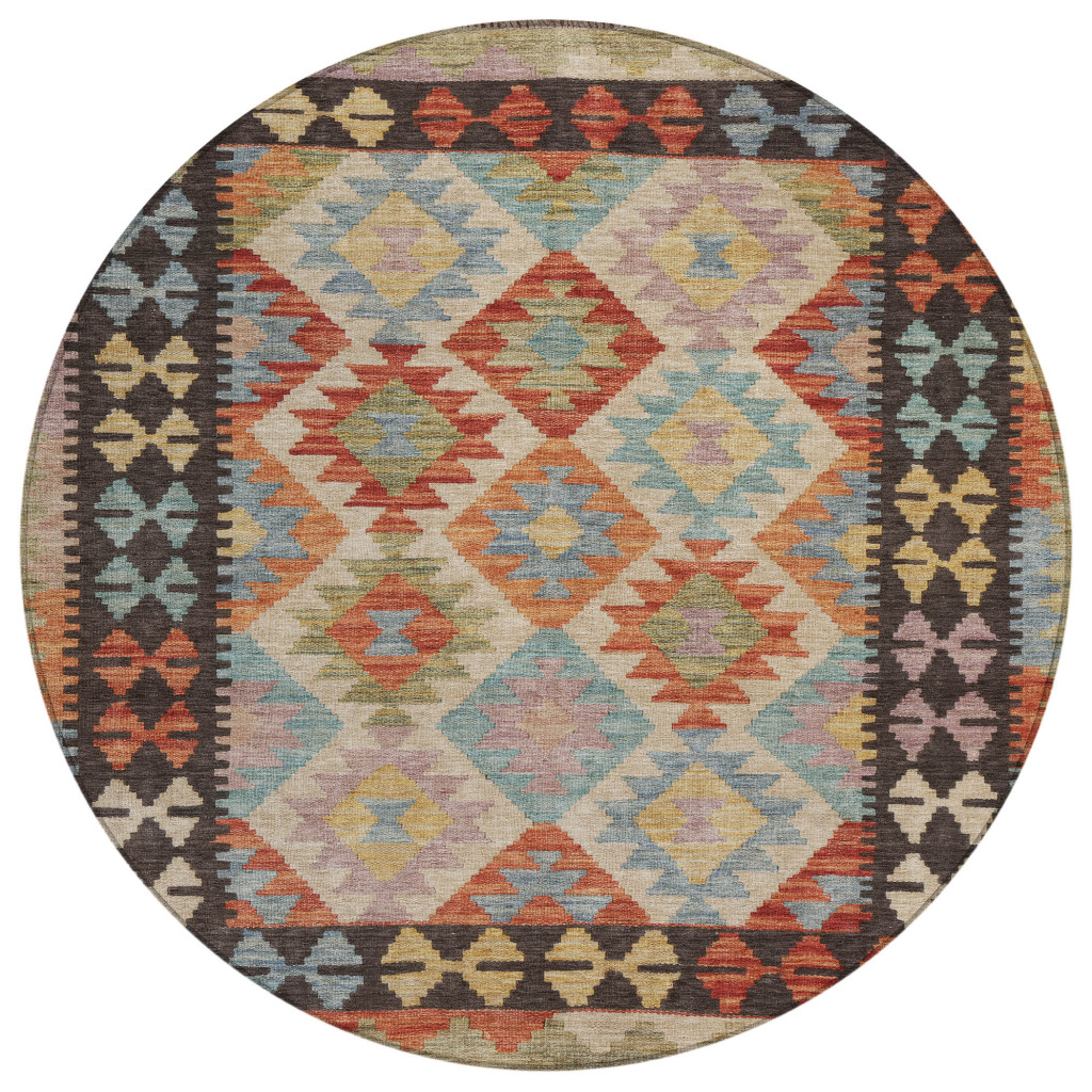 625752 8 ft. Rust Gold & Orange Tribal Washable Transitional Indoor & Outdoor Round Area Rug