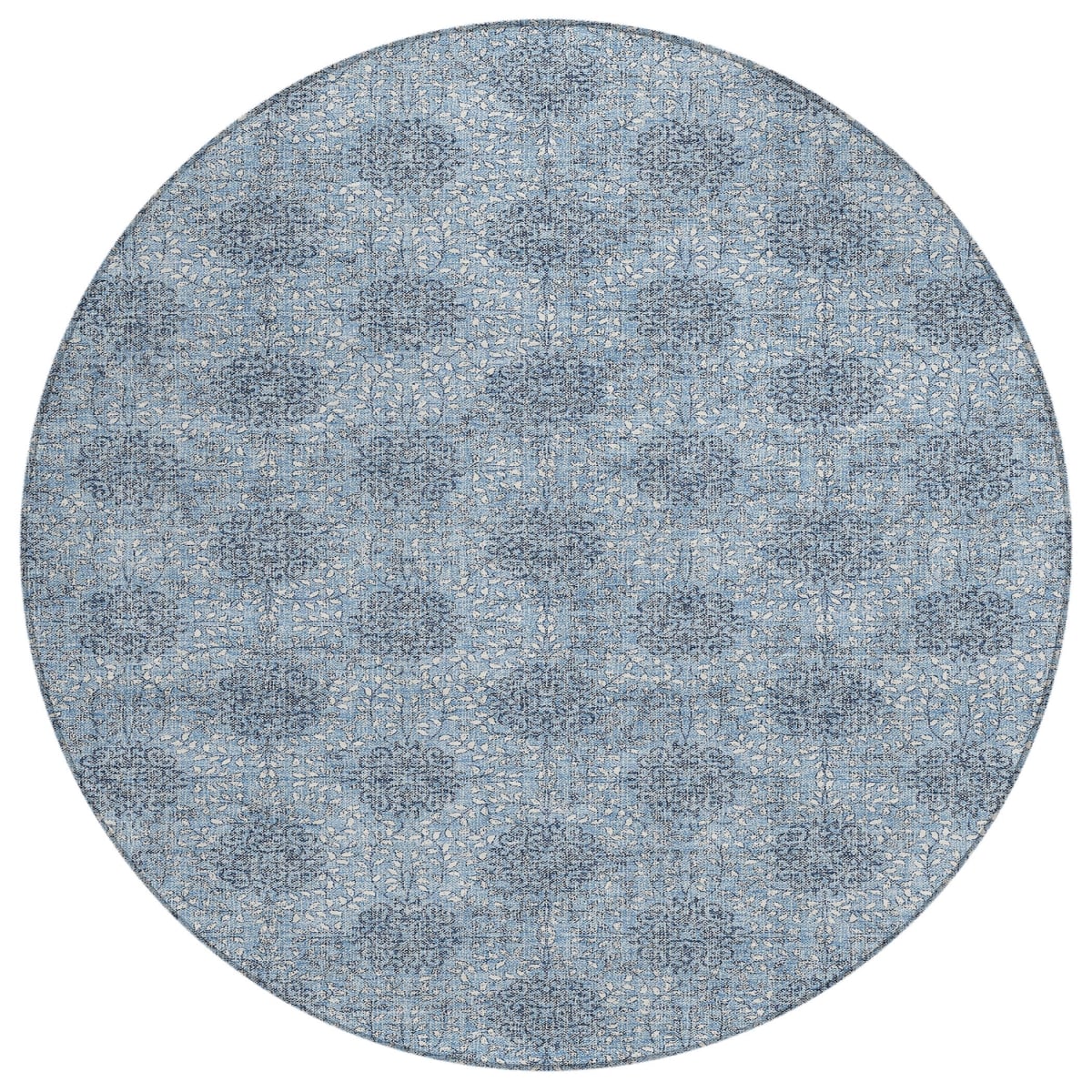 622990 8 ft. Blue & Ivory Damask Washable Transitional Indoor & Outdoor Round Area Rug