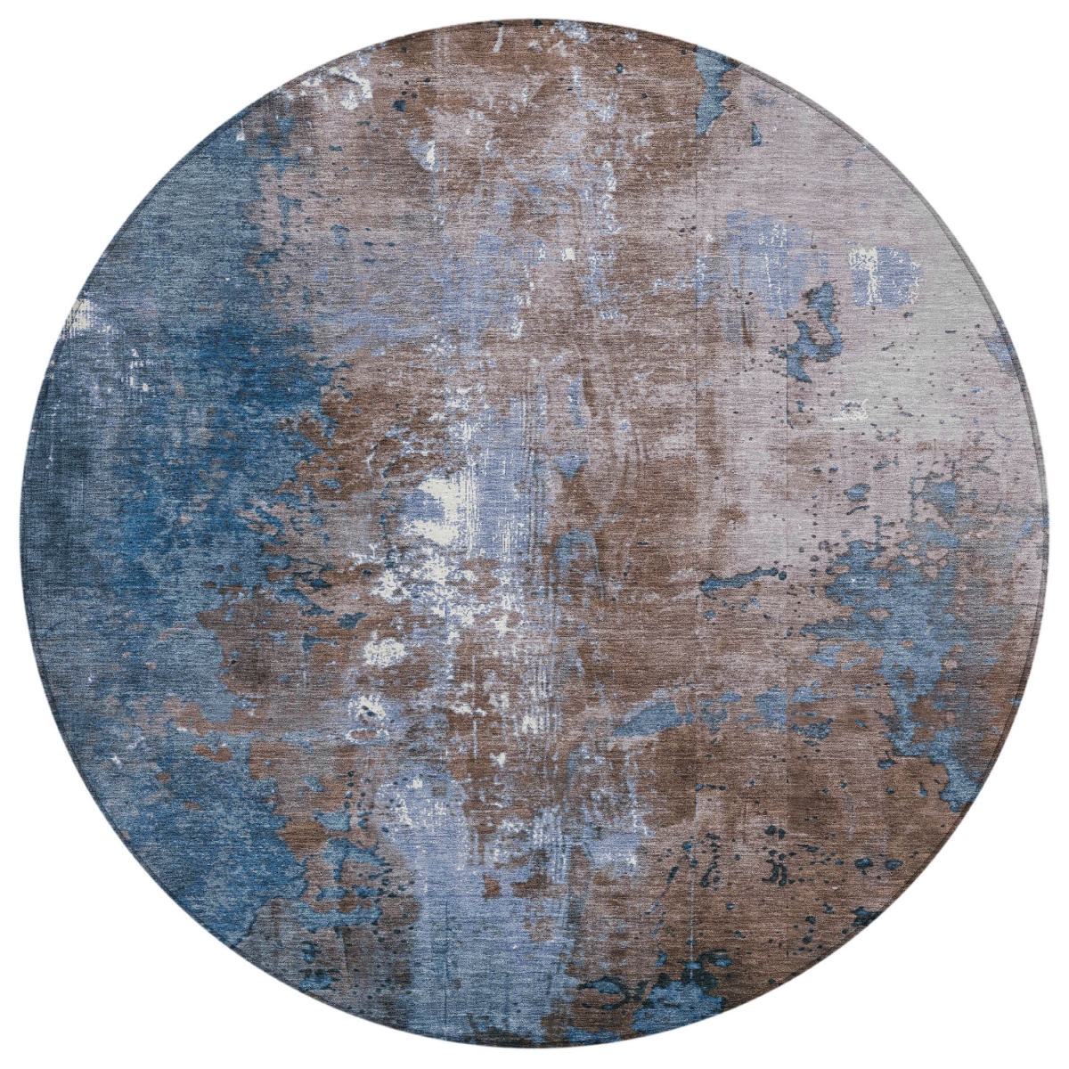 623403 8 ft. Brown & Blue Abstract Washable Transitional Indoor & Outdoor Round Area Rug