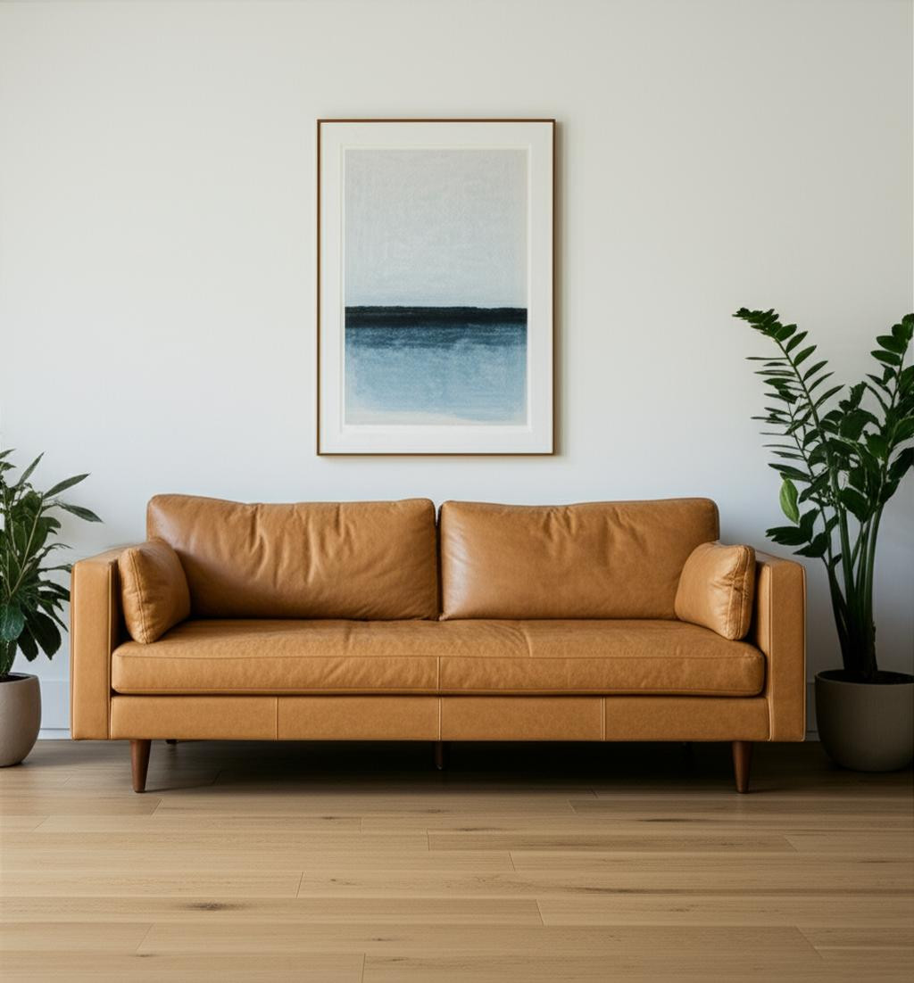 607329 34.65 x 87.8 x 37.8 in. Tan Leather Sofa & Toss Pillows with Brown Legs