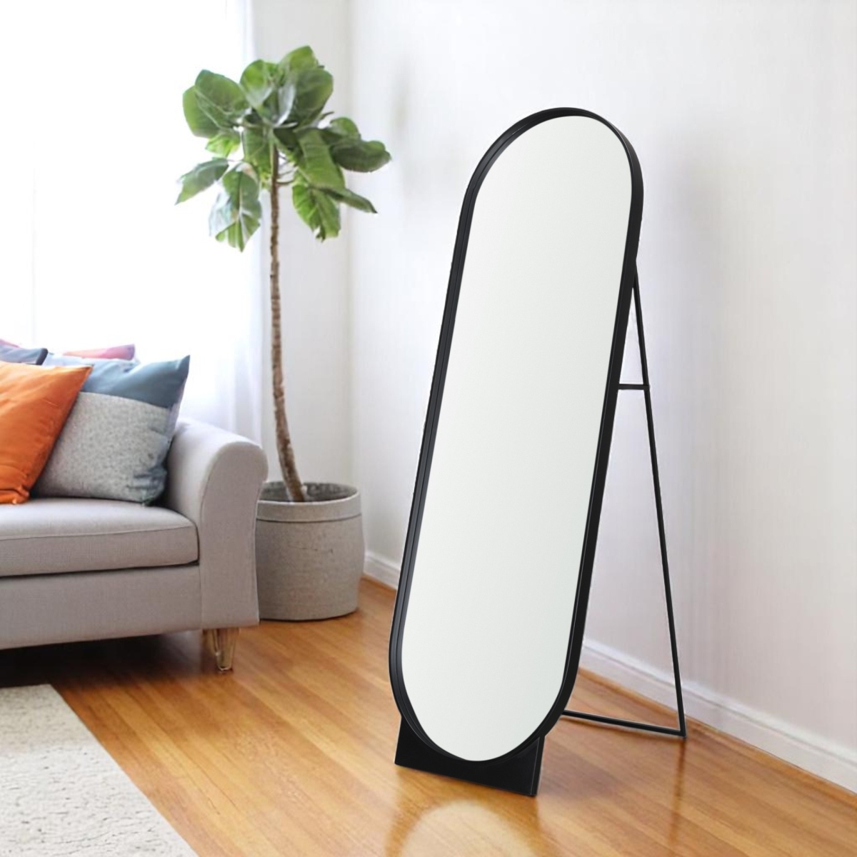 607288 67 in. Black Metal Oval Freestanding Tilting Geometric Framed Standing Mirror