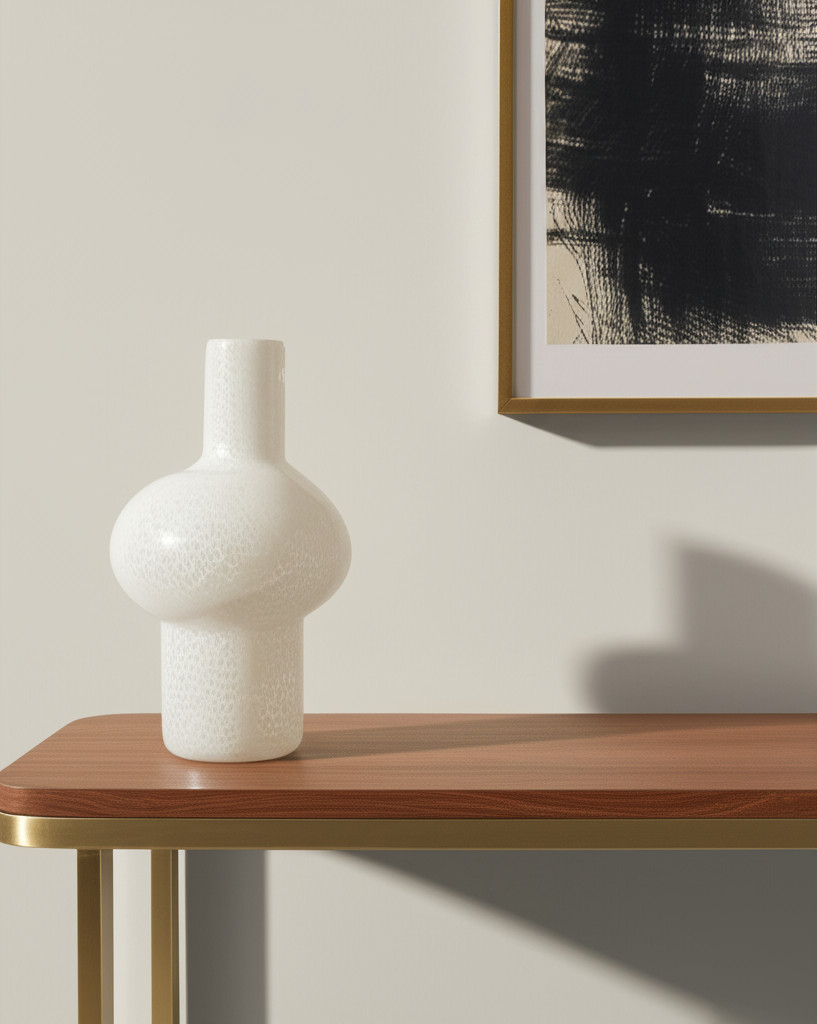 608282 12 in. White Mottled Handblown Glass Table Vase