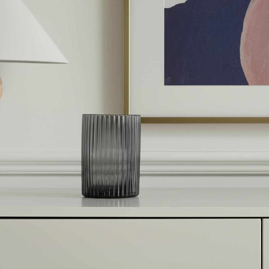 608311 8 in. Black Cylinder Ribbed Glass Table Vase