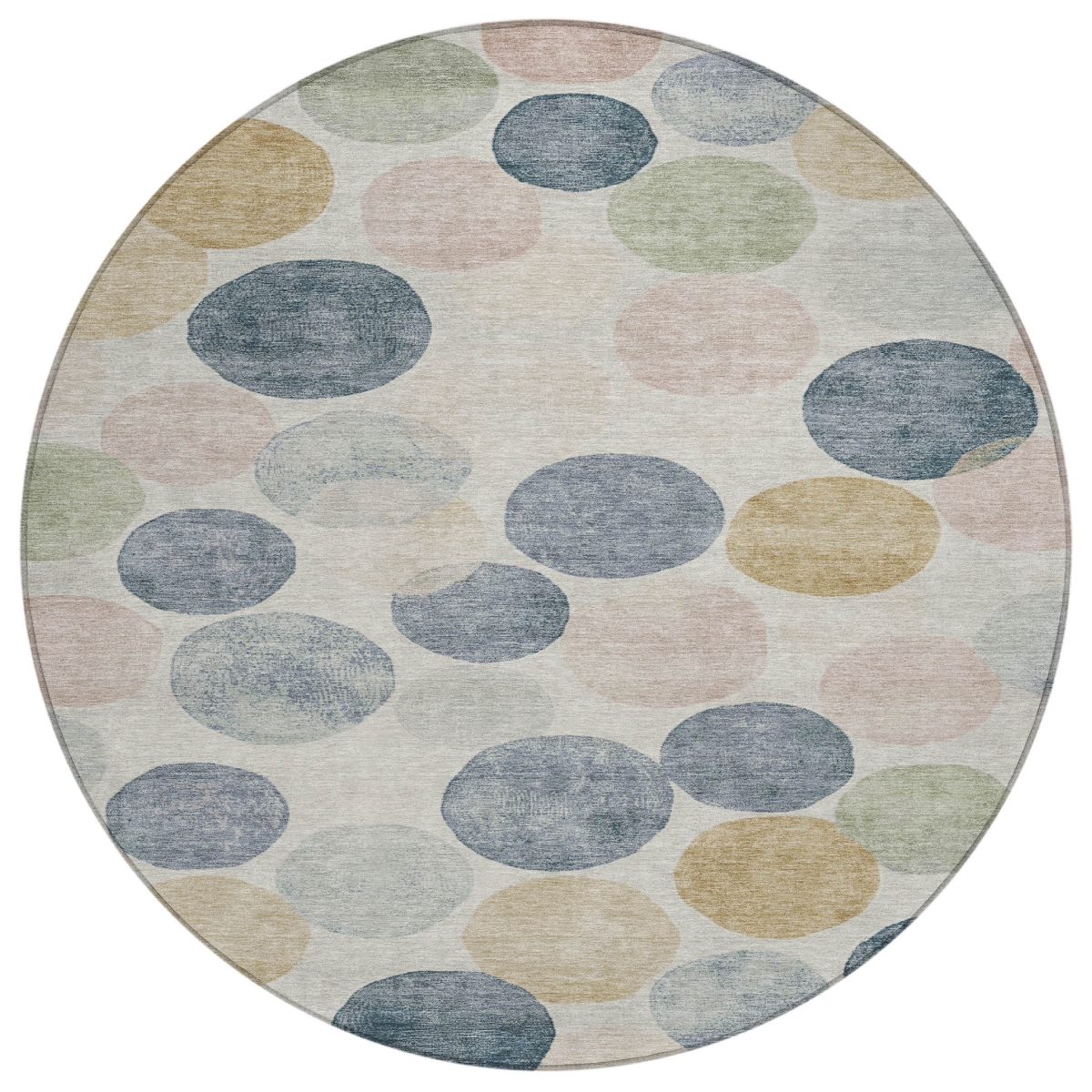 625075 8 ft. Beige Navy Blue & Gold Geometric Washable Transitional Indoor & Outdoor Round Area Rug