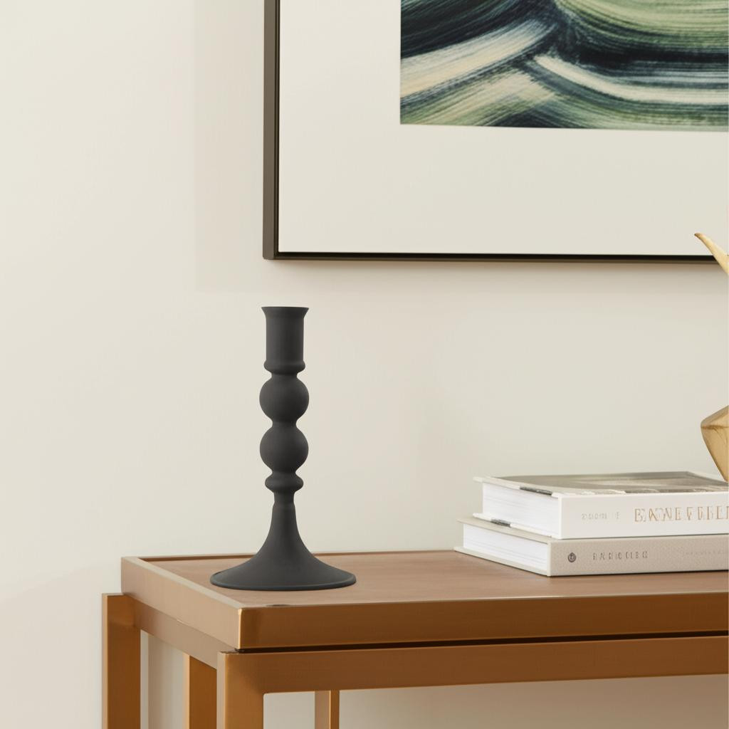 608415 8 in. Black Glass Tabletop Taper Candlestick