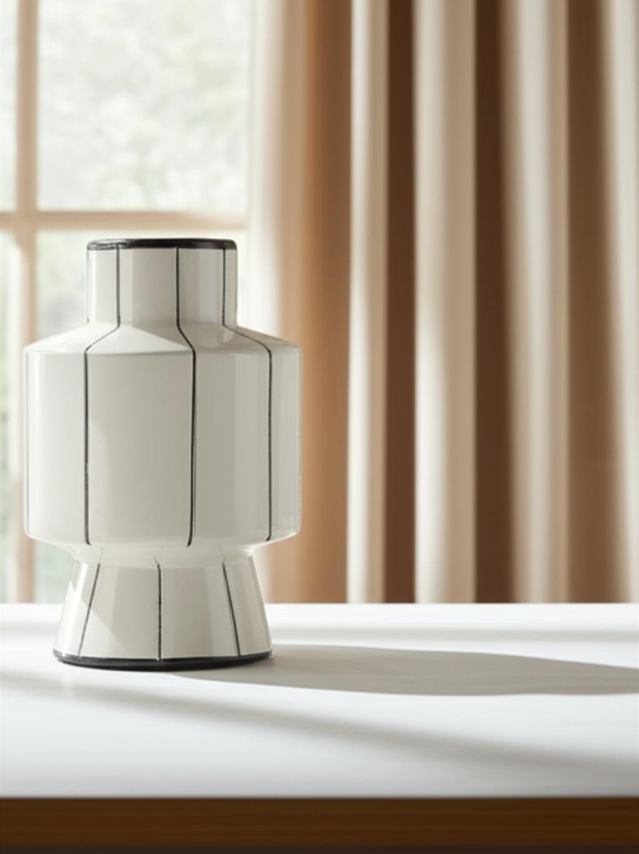 608359 16 in. White & Black Striped Ceramic Cylinder Table Vase