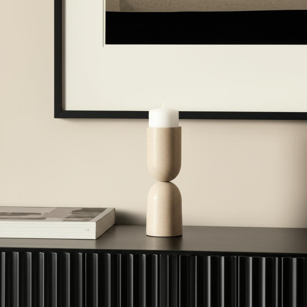 608426 11 in. Beige Metal Tabletop Pillar Candle Holder