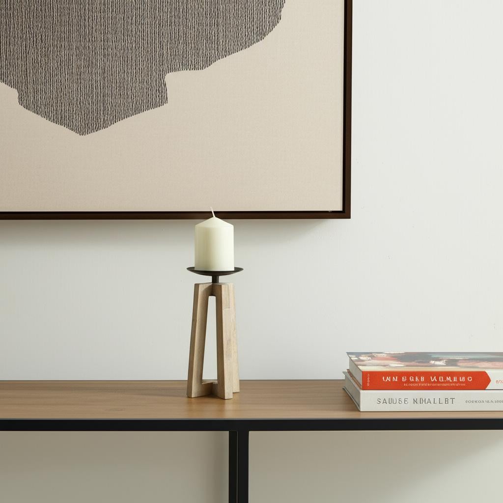 608523 9 in. Light Brown Distressed Geometric Solid Wood & Metal Tabletop Pillar Candle Holder