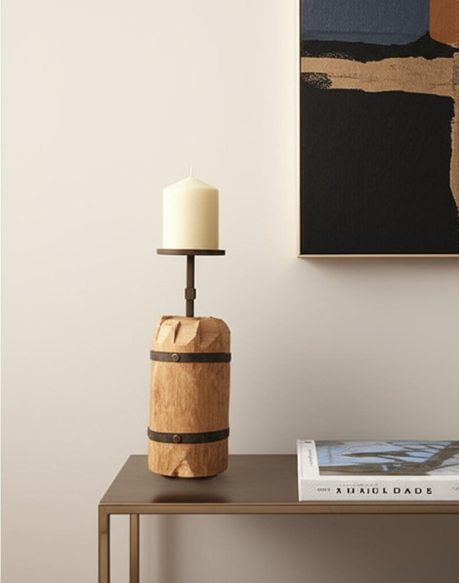 608554 16 in. Brown Distressed Abstract Solid Wood Tabletop Pillar Candle Holder