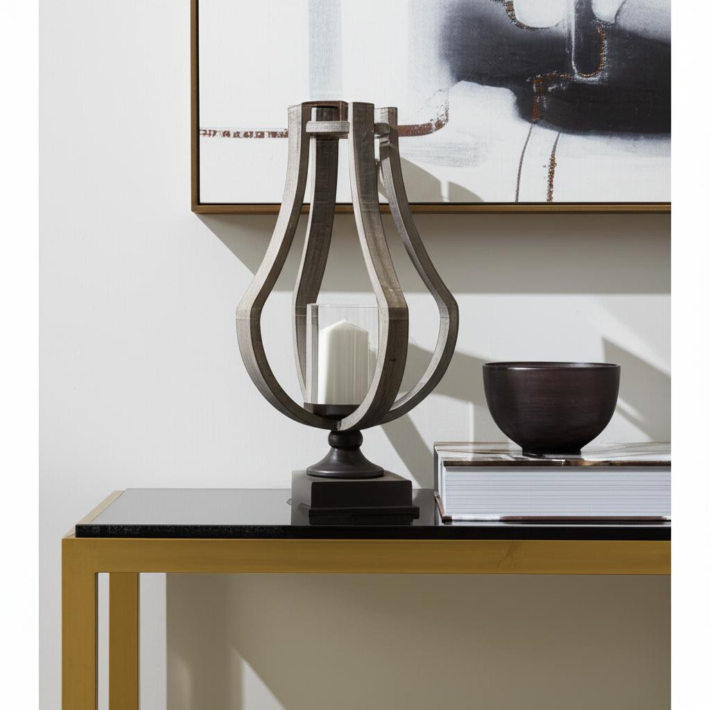 608557 25 in. Brown Distressed Geometric Solid Wood Metal & Glass Tabletop Hurricane Candle Holder