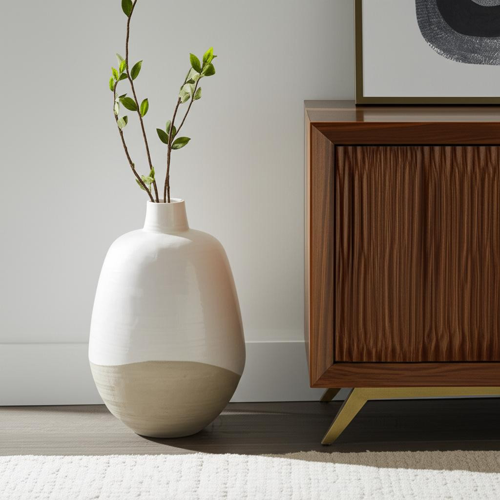 608586 32 in. Beige & White Color Block Ceramic Round Floor Vase