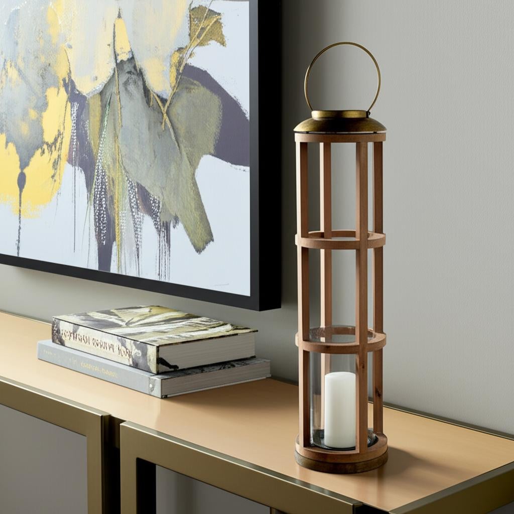 609332 35 in. Natural & Brass Distressed Geometric Solid Wood & Metal Tabletop Lantern Candle Holder