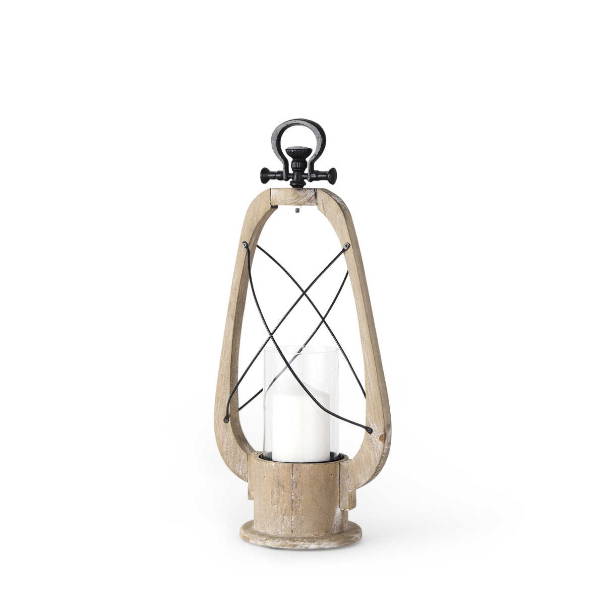 609334 21 in. Brown & Black Distressed Abstract Solid Wood Metal & Glass Tabletop Lantern Candle Holder