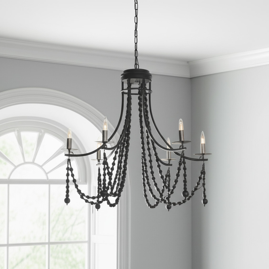 611361 Black Candle Style 6 Light Metal & Beads Dimmable Chandelier