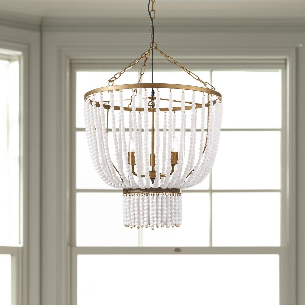 611362 Gold & White Empire 3 Light Metal & Beads Dimmable Chandelier