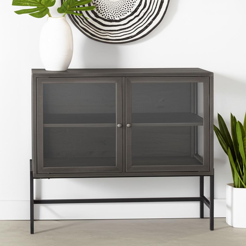 611058 36 in. Brown & Black Solid Wood & Metal Accent Cabinet with 2 Doors