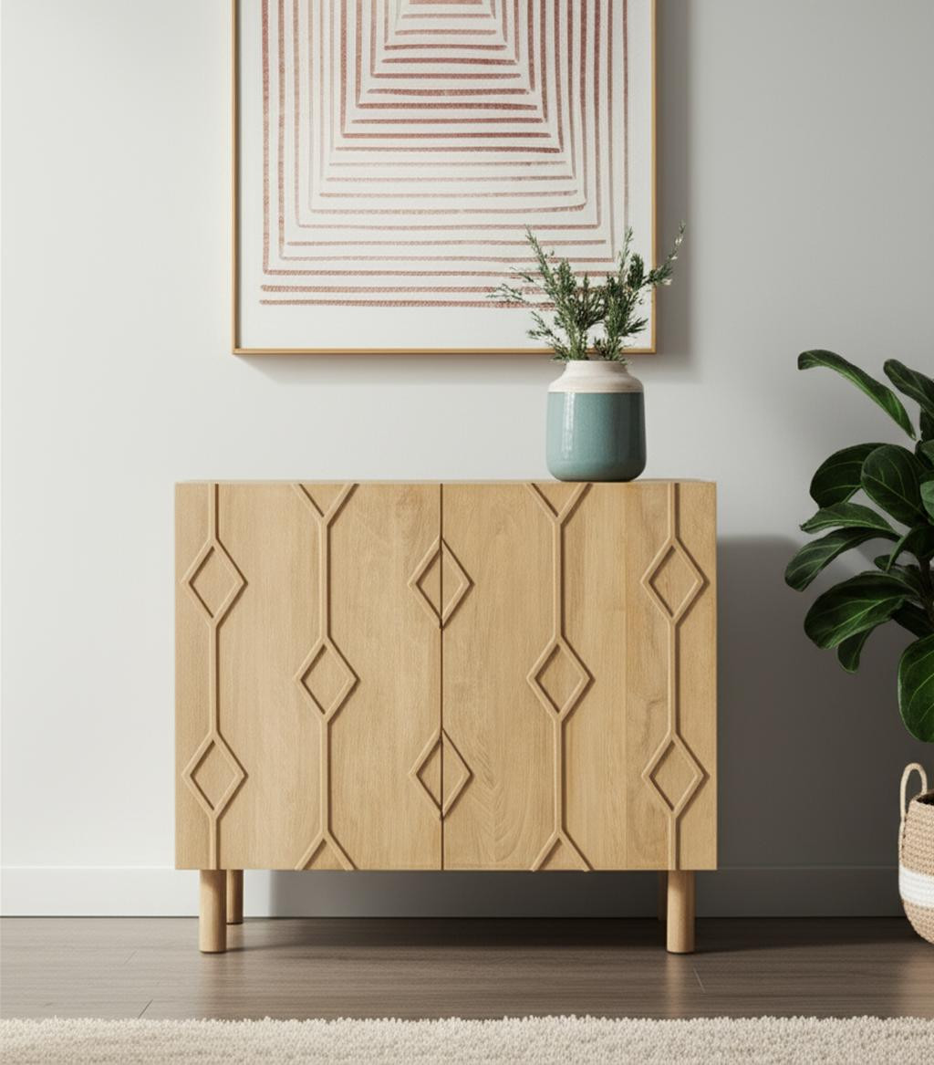 611061 36 in. Light Brown Solid Wood Carved Geometric Accent Cabinet with 2 Doors