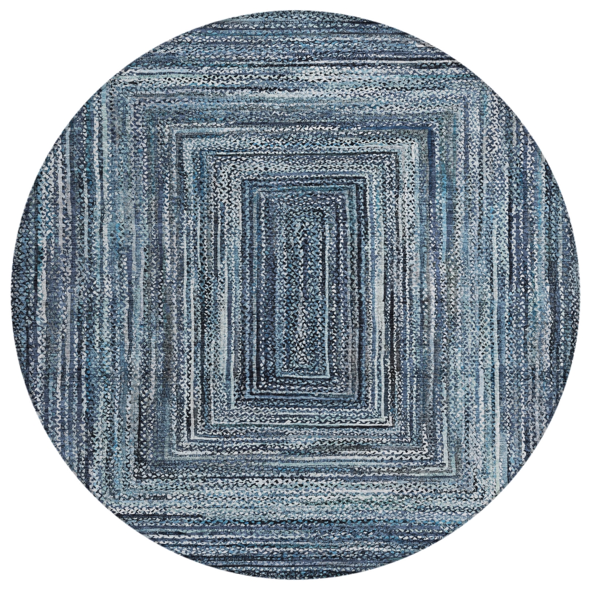 618921 8 ft. Blue, Navy Blue & Ivory Geometric Washable Transitional Indoor & Outdoor Round Area Rug