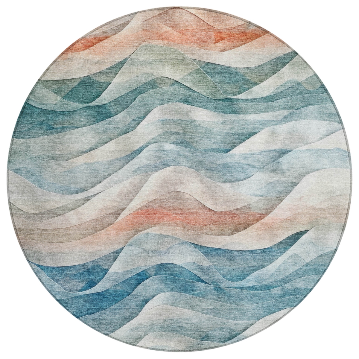 612032 8 ft. Teal, Blue & Peach Abstract Washable Transitional Indoor & Outdoor Round Area Rug