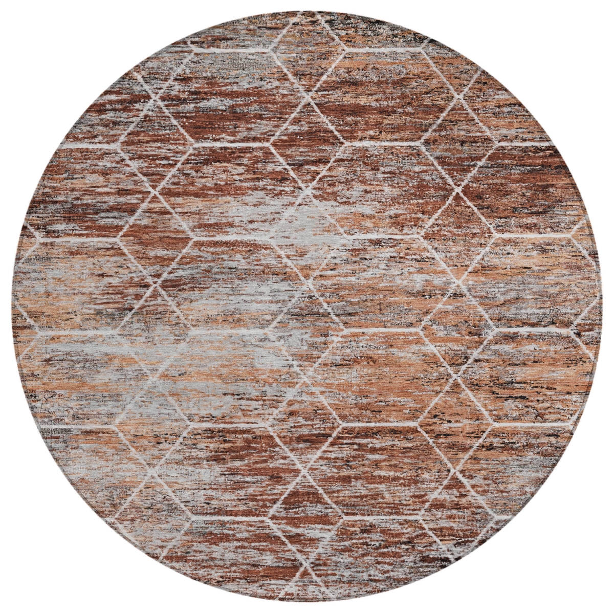618891 8 ft. Rust Gray & Ivory Geometric Washable Transitional Indoor & Outdoor Round Area Rug