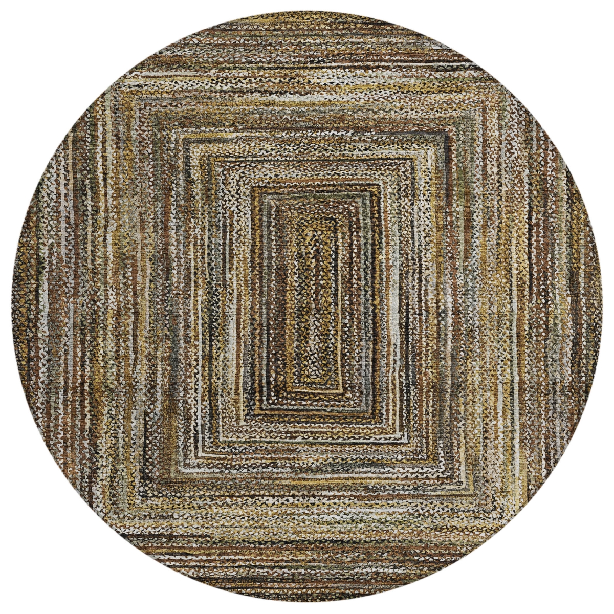 618915 8 ft. Brown, Taupe & Ivory Geometric Washable Transitional Indoor & Outdoor Round Area Rug