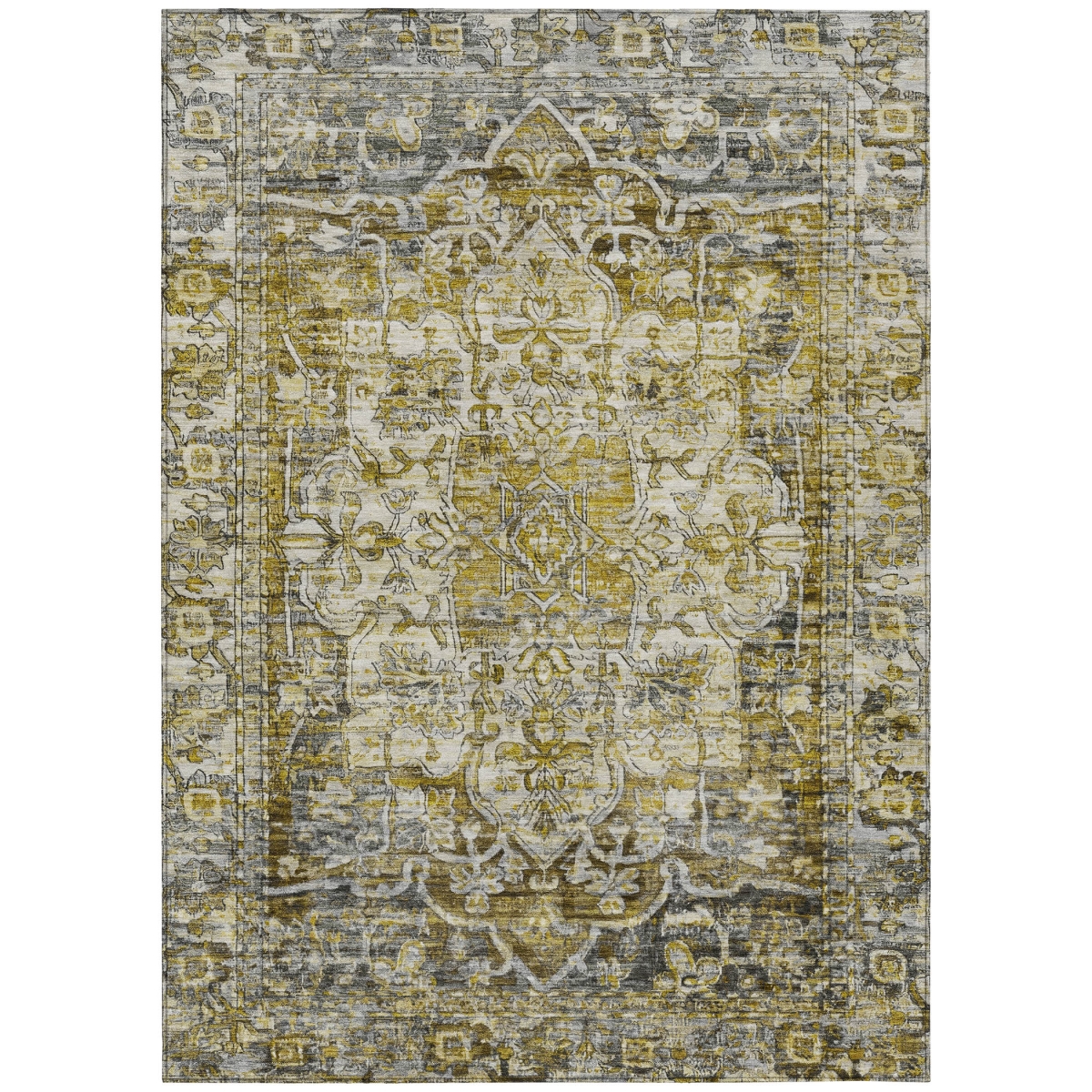 619043 9 x 12 ft. Pewter Gray & Gold Floral Medallion Washable Traditional Indoor & Outdoor Rectangle Area Rug