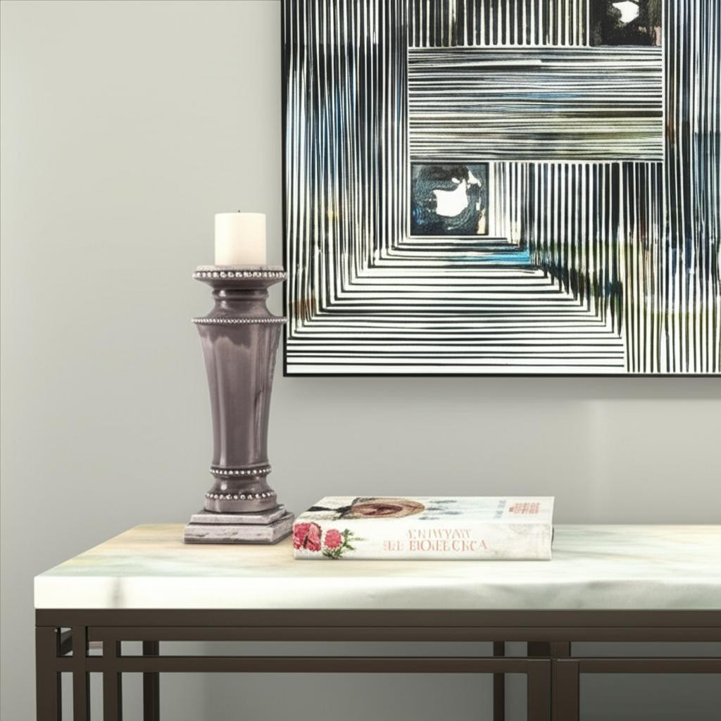 608511 14 in. Gray Distressed Ornate Ceramic Tabletop Pillar Candle Holder