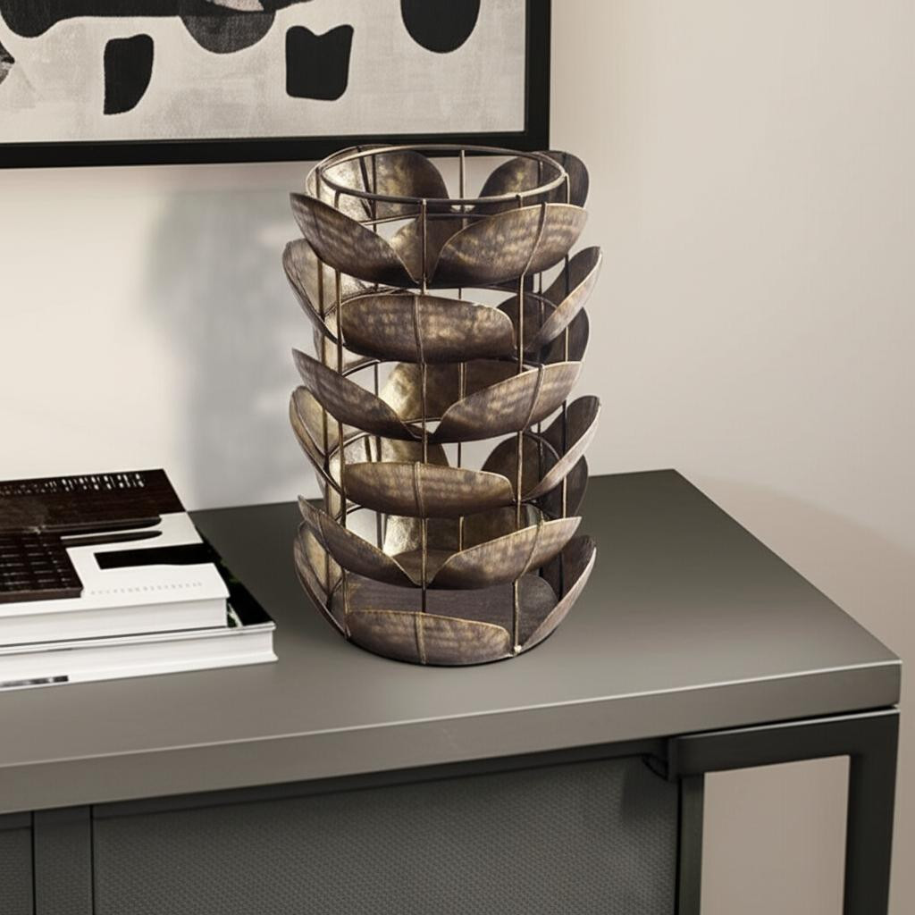 608569 10 in. Bronze Distressed Botanical Leaf Metal Tabletop Hurricane Candle Holder