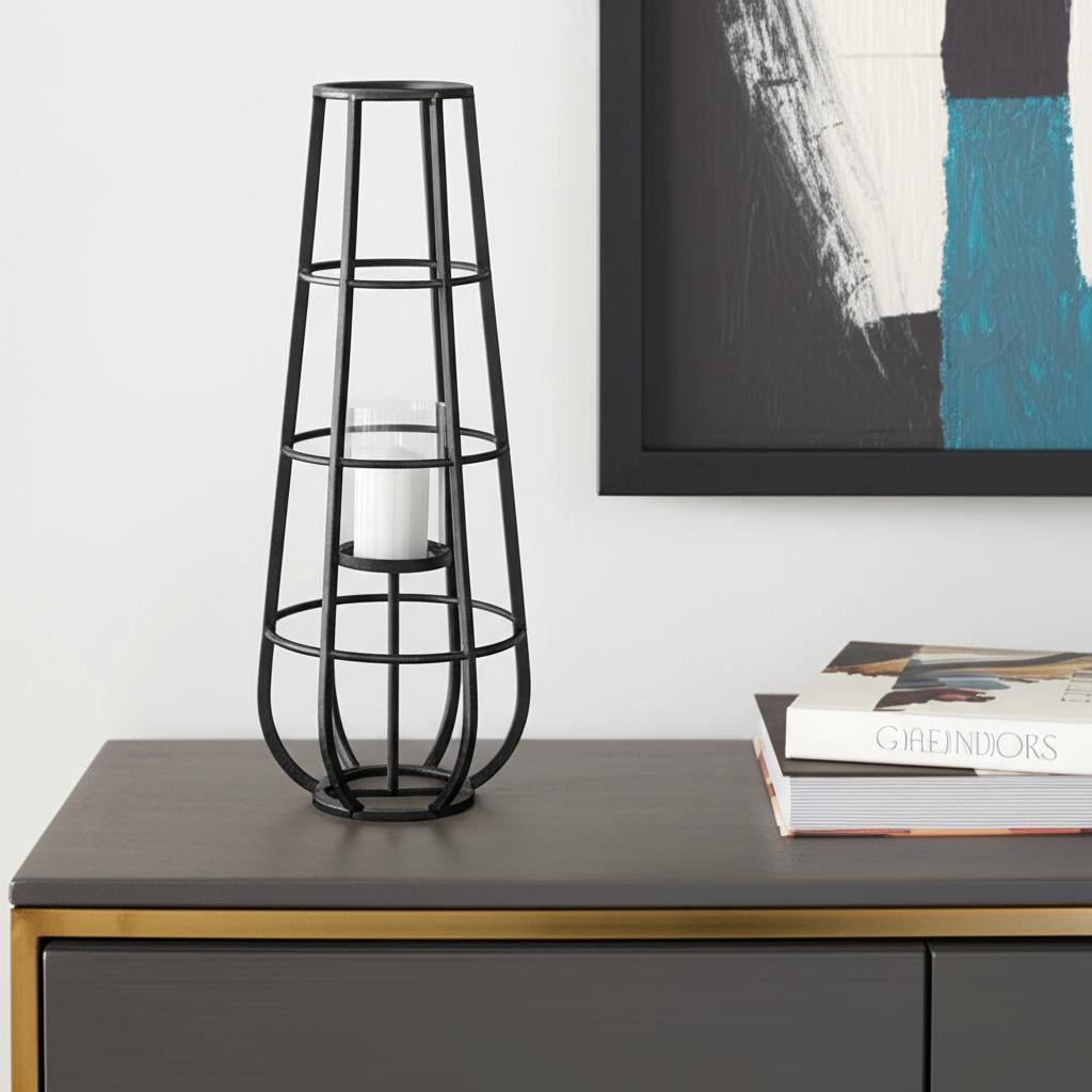 609326 30 in. Black Distressed Geometric Metal & Glass Lantern Candle Holder