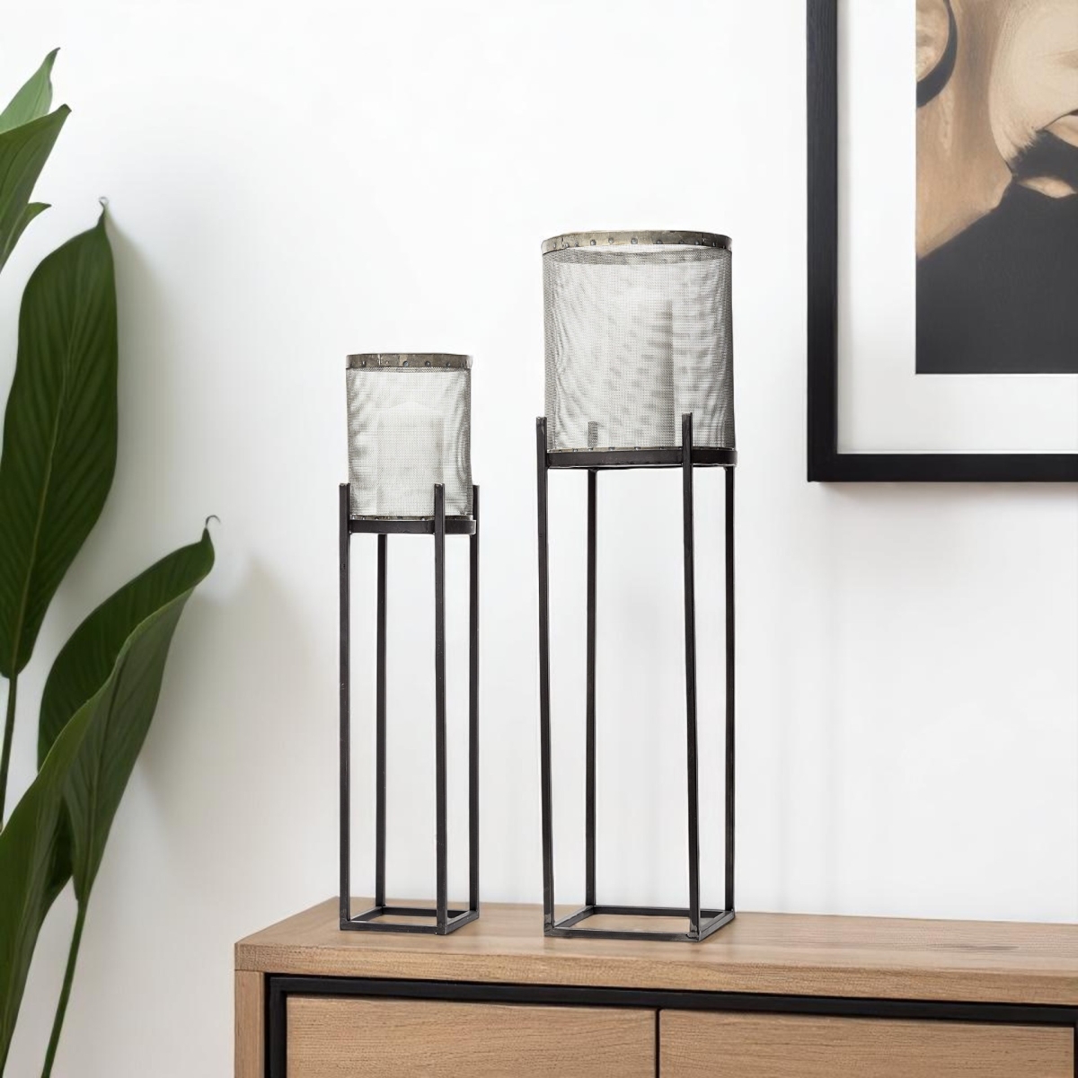 609331 Black Distressed Geometric Metal Lantern Candle Holder - Set of 2