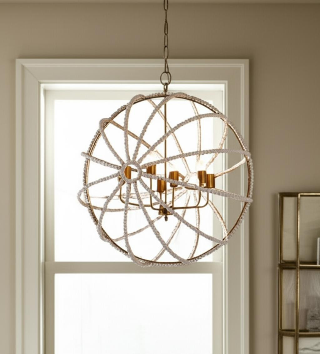 611337 White & Gold Empire 6 Light Metal & Beads Dimmable Chandelier
