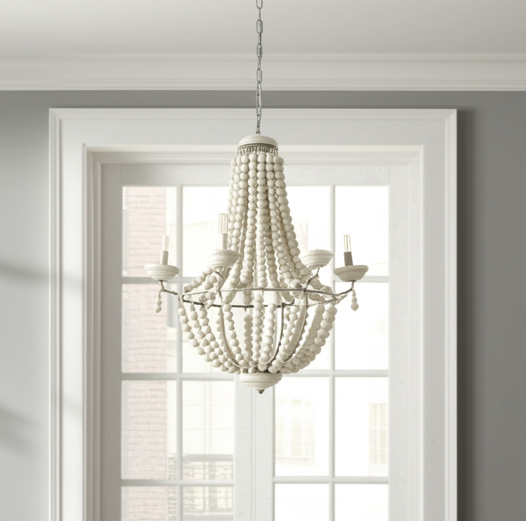 611343 Silver & White Empire 6 Light Metal & Beads Dimmable Chandelier