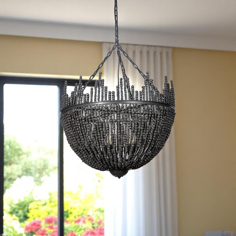611345 Black Unique Statement 4 Light Metal & Beads Dimmable Chandelier