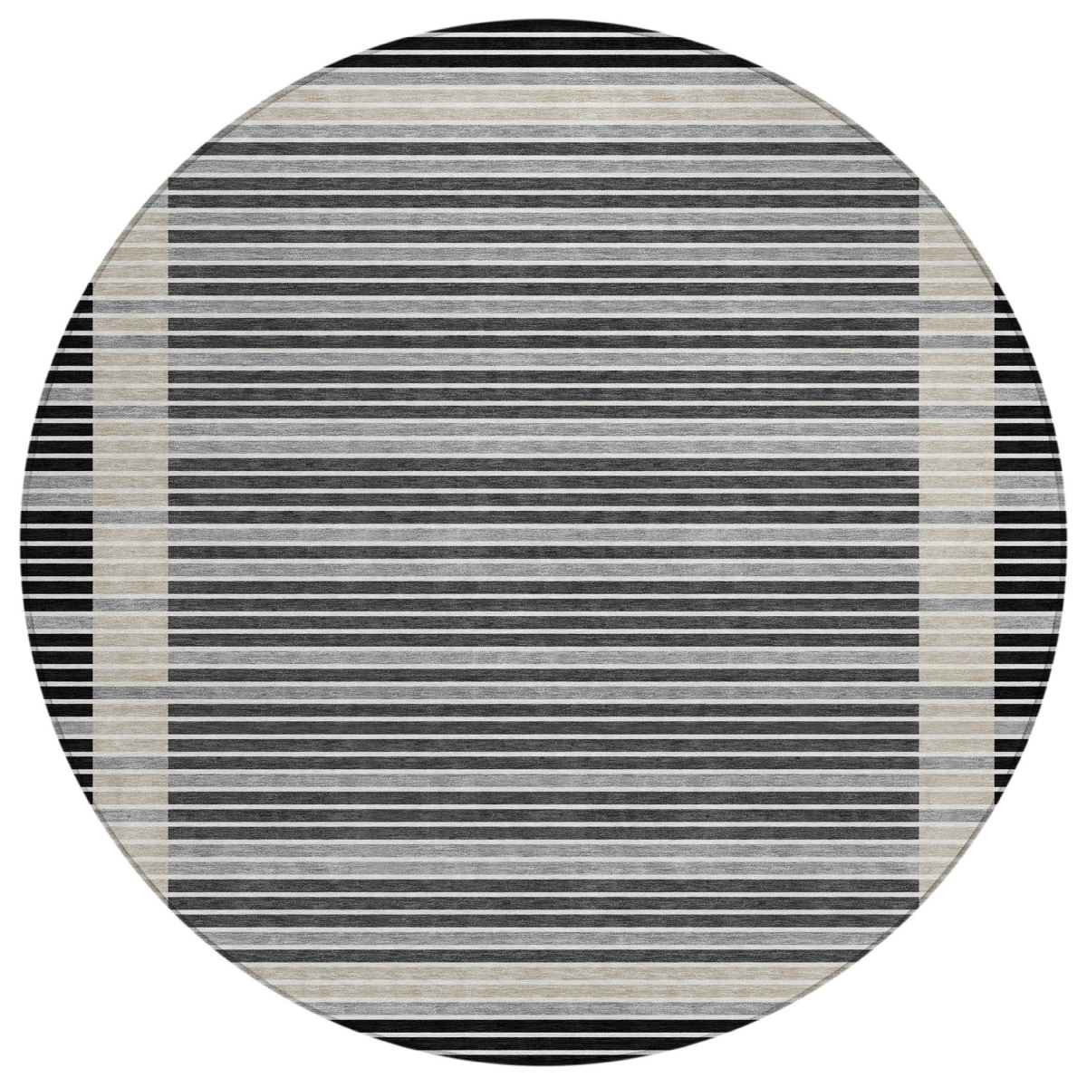 610458 8 ft. Black & Beige Striped Washable Transitional Indoor & Outdoor Round Area Rug