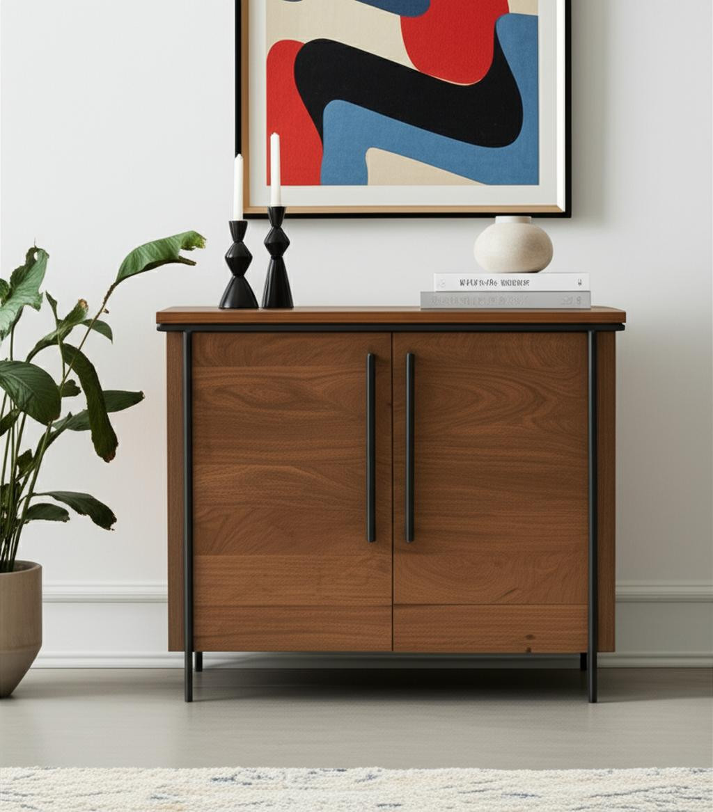611062 40 in. Brown & Black Solid Wood & Metal Accent Cabinet with 2 Doors